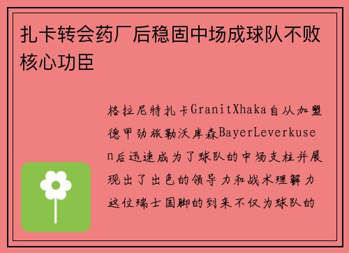 扎卡转会药厂后稳固中场成球队不败核心功臣 扎卡转会药厂后稳固中场成球队不败核心功臣